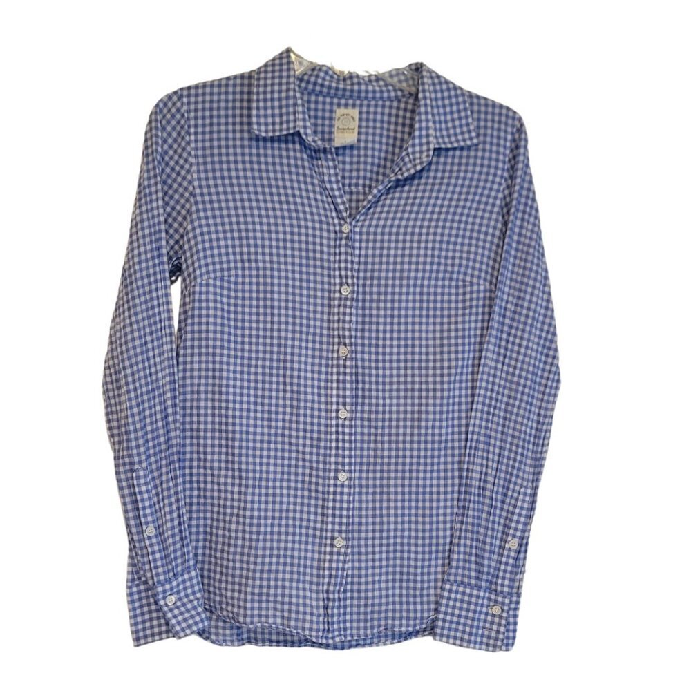 The Perfect Shirt Seersuckered Gingham Long Sleeve Button Down Shirt Blue Size 4